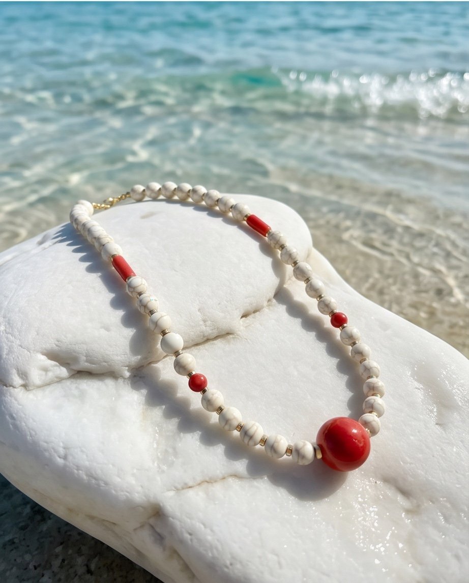 Folegandros Necklace - Κολιέ με κοράλι και ημιπολύτιμες πέτρες - Image 4